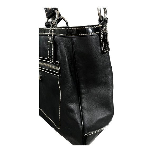 Coach Black Leather and Patent Tote Handbag Laura F14887 Coach Tag Blue Lining - Picture 11 of 16